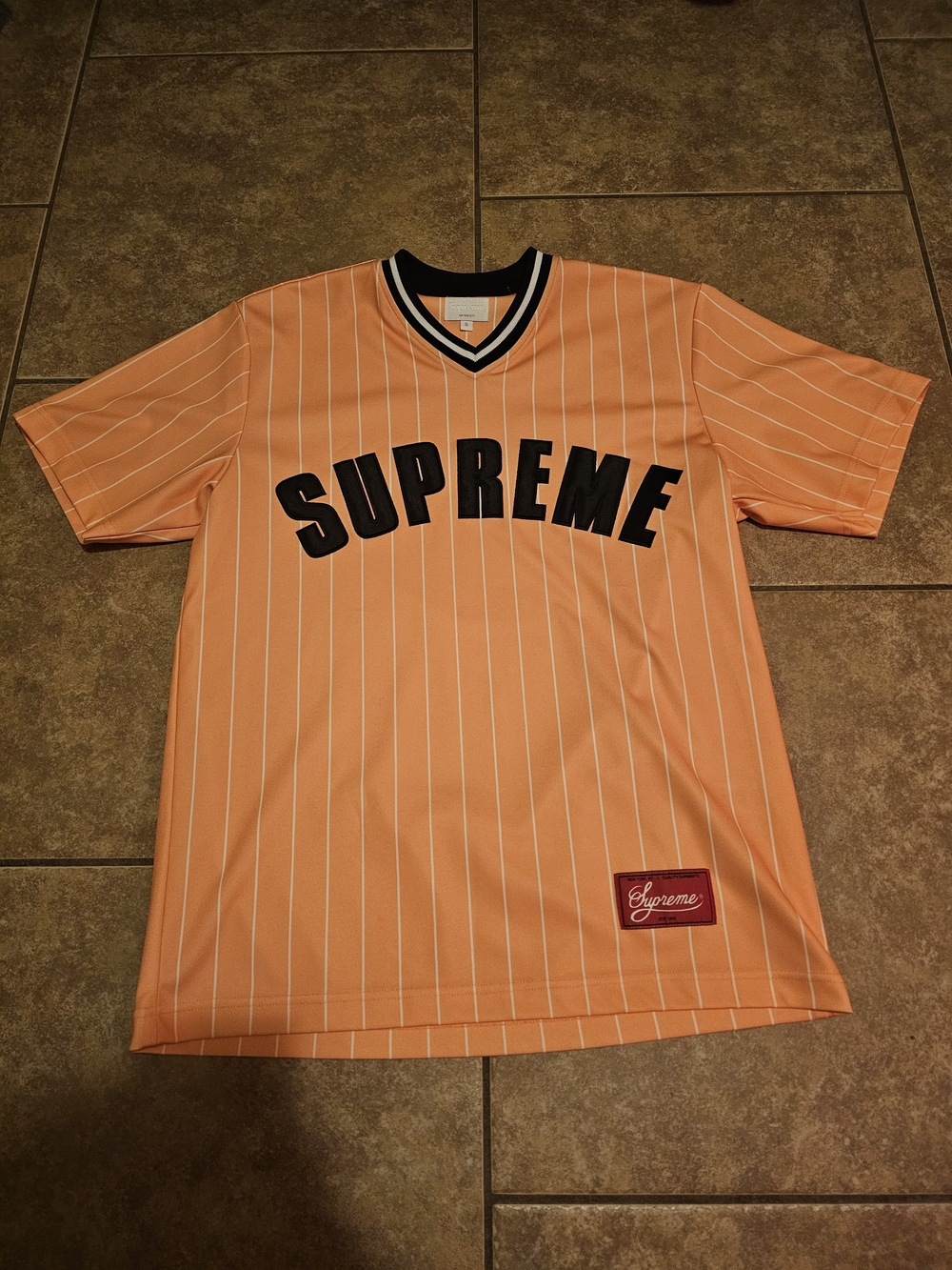 Supreme Men's Orange Pinstripe V-Neck Baseball Jersey